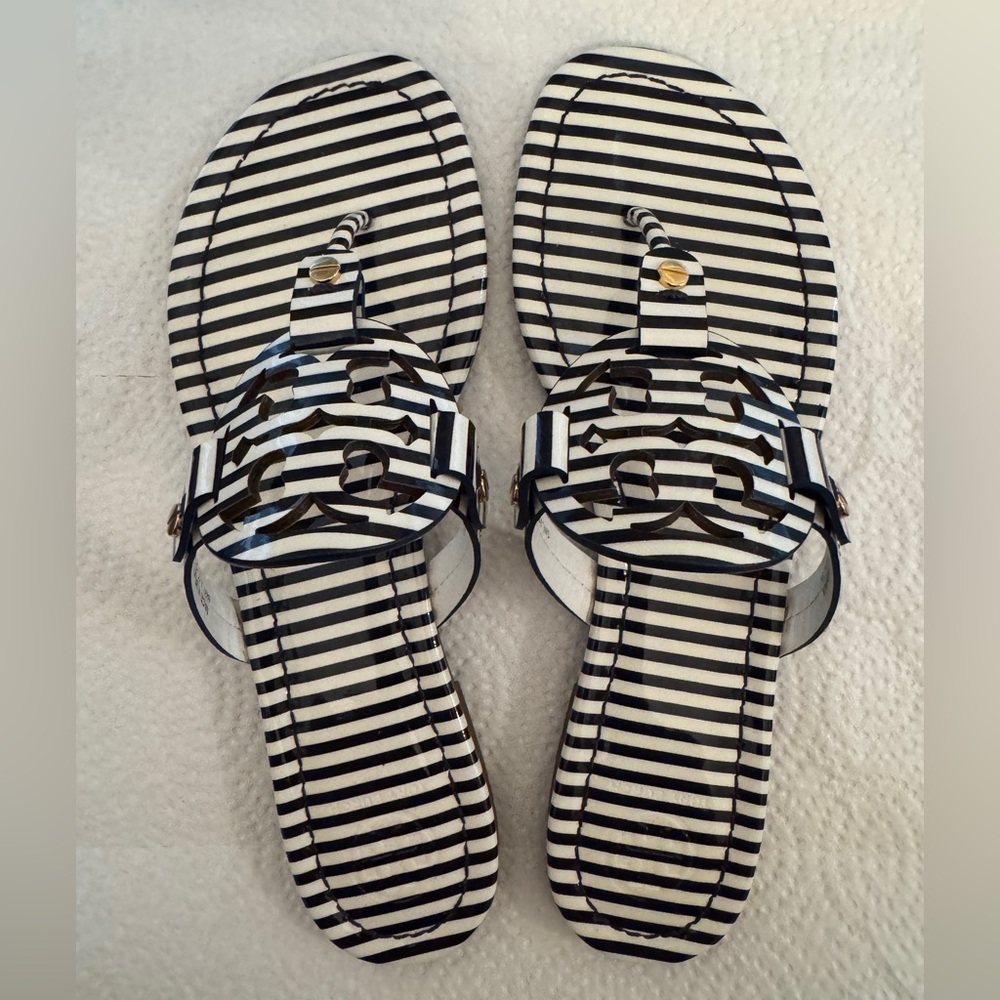 Tory Burch Navy and White Striped Miller Sandals Size 8